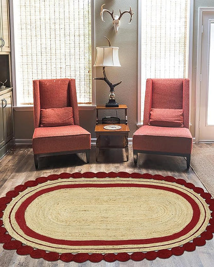 2x8 Oval Jute Runner – Flatweave Kilim Style, Hand Braided Natural Jute, 0.27" Thick, Solid Red Beige Handmade Boho Carpet for Hallway, Kitchen, Entryway