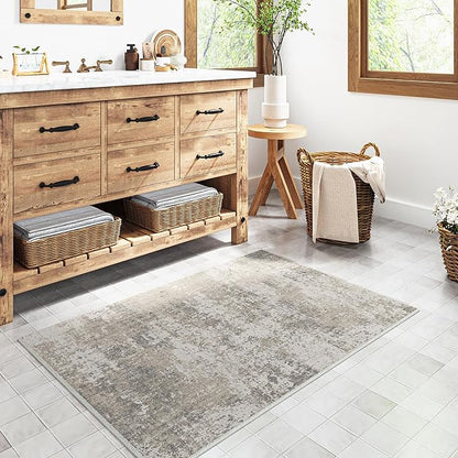 Modern Abstract Beige Gray Area Rug 2x3 Entryway Door Mat Machine Washable Bathroom Throw Carpet Kitchen Indoor Low Pile Non Slip Distressed Laundry Living Dining Room Bedroom Office