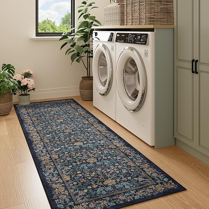 DOKINO 2x10 Runner Rug for Hallway, Vintage Washable Long Kitchen Rug with Low Pile Design, Floral Non Slip Soft Carpet Runner for Hallway, Kitchen, Bathroom, Bedroom, Dark Blue