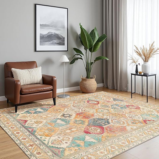 Bavni Washable Rug 8x10 Area Rug for Living Room Bedroom Dining, Washable Vintage Print Carpet, Ultra-Thin Chenille Low Pile Lightweight Rug with Non Slip Backing, Retro Multi