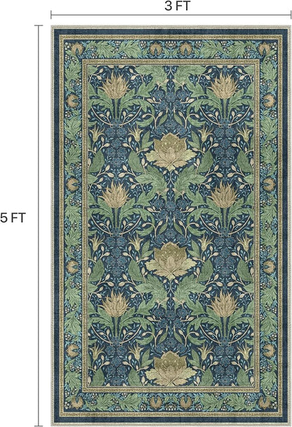 Bavni 3x5 Area Rugs, Floral Machine Washable Rugs for Living Room, Dinning Room, Bedroom, Non Slip Aesthetic Vintage Low Pile Durable Lightweight Farmhouse Rug, Tea Green/Blue
