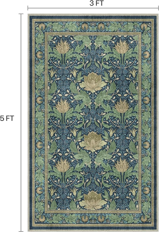 Bavni 3x5 Area Rugs, Floral Machine Washable Rugs for Living Room, Dinning Room, Bedroom, Non Slip Aesthetic Vintage Low Pile Durable Lightweight Farmhouse Rug, Tea Green/Blue