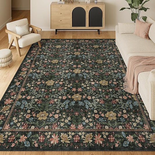 DUKINO 8x10 Area Rugs for Living Room, Vintage Floral Washable Rug with Non Slip Backing, Soft Low Pile & Non-Shedding Large Carpets for Bedroom, Farmhouse, Dining Room, Home Office, Black