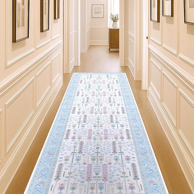 Fame Living Cream Blue Oushak Runner Rug, Modern Runners, Turkish, Eclectic, Pastel, Washable, Small Rugs, Short Runner for Hallway, Entryway, Laundry, Foyer, Bedroom, Kitchen, Bathroom, 2'5"x6'5"