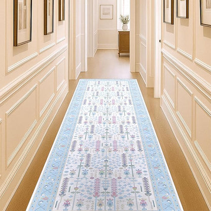 Cream Blue Oushak Runner Rug, Modern Runners, Vintage, Turkish, Eclectic, Floral, Pastel, Washable, Long Runner Rugs for Hallway, Kitchen, Living Room, Bedroom, Kitchen, Bathroom, 2'5"x13'