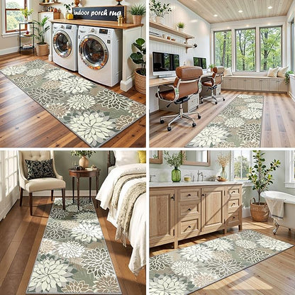 2x6 Washable Runner Rug for Hallway Tropical Botanical Modern Floral Chenille Kitchen Rugs Low Pile Non Slip Carpet for Patio, Bedroom, Laundry, Taupe