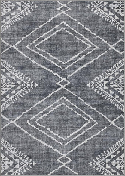 ReaLife Rugs Machine Washable Area Rug - Living Room Bedroom Bathroom Kitchen Entryway Office - Padded Crease Free Stain Resistant Premium - Moroccan Diamond Tribal- Jax - Gray- 2'x 3'