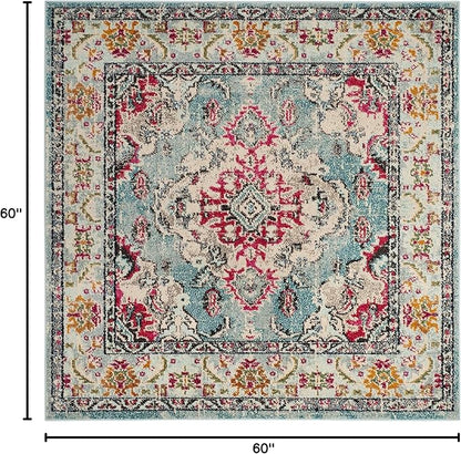 SAFAVIEH Monaco Collection Area Rug - 5' Square, Light Blue & Fuchsia, Boho Chic Medallion Distressed Design, Non-Shedding & Easy Care, Ideal for High Traffic Areas in Living Room, Bedroom (MNC243J)