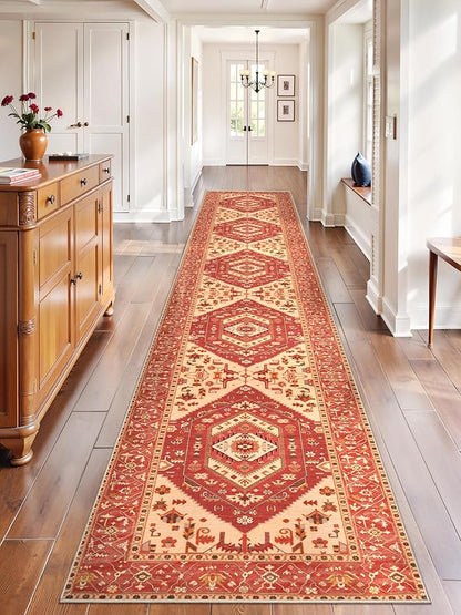 SERISSA Runner Rug for Hallways, 2'6"x14' Washable Non Slip Kitchen Runner Rug, Extra Long Boho Rug Ultra Soft Vintage Red Beige Print Floor Carpet for Bedroom Hallway Entryway Bathroom Laundry Room