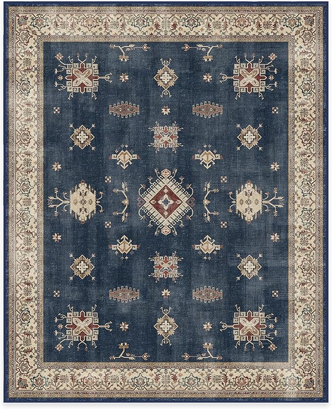 RUGGABLE Washable Vintage Area Rug – Verena Sapphire 8x10, Stain-Resistant, Non-Slip – Large Machine Washable Rugs for Living Room, Bedroom, Hallway, Entryway & Office–with Standard Pad