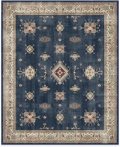 RUGGABLE Washable Vintage Area Rug – Verena Sapphire 8x10, Stain-Resistant, Non-Slip – Large Machine Washable Rugs for Living Room, Bedroom, Hallway, Entryway & Office–with Standard Pad