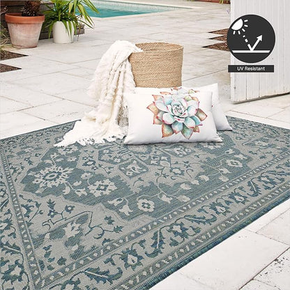 FH Home Flat Woven Outdoor Rug - Waterproof, Easy to Clean, Stain Resistant - Premium Polypropylene Yarn - Vintage - Large Patio, Deck, Sunroom - Shiraz - Ocean - 7ft 10 in x 10ft 9in