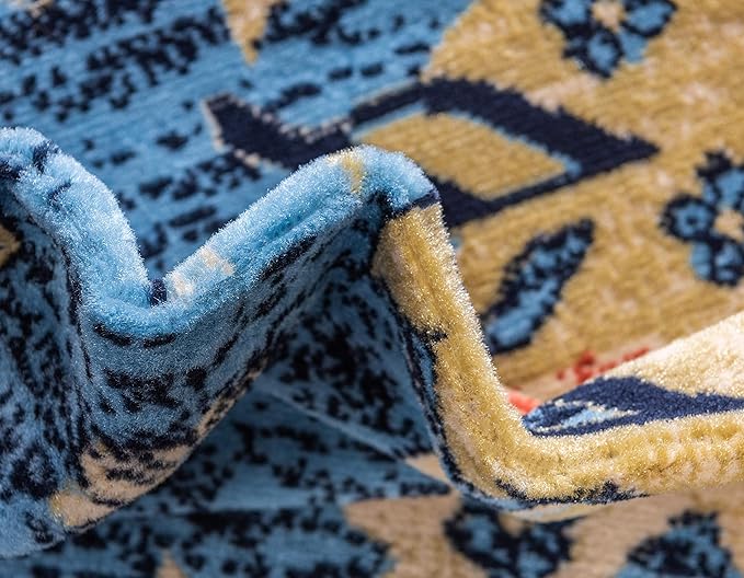 Unique Loom Taftan Collection Border Geometric Tribal Inspired Design Area Rug (4' 0 x 6' 0 Rectangular, Light Blue/ Gold)