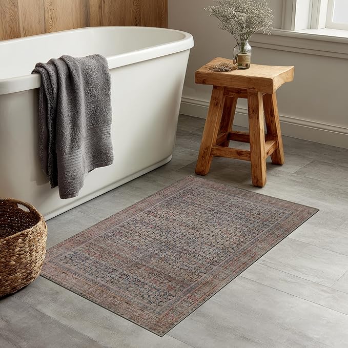 Kuden 3x5 Small Rug, Machine Washable, Non-Slip Backing, Vintage Style, Soft, Low Pile, Area Rugs for Entryway Kitchen Indoor Entrance