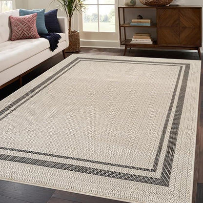 Beverly Rug Easy Jute Bordered Rug 9x12 Washable Large Indoor Outdoor Area Rugs for Living Dining Room Patio Office Stain Resistant Non Shedding Casual Indoor Outside Carpet 9 x 12 Off-White