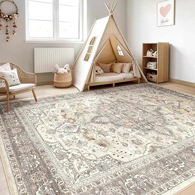 6x8 Area Rug Living Room: Washable Boho Large Neutral Vintage Soft Rugs Stain Resistant Farmhouse Non-Slip Indoor Floor Carpet for Bedroom Nursery Kids Playroom Office Dining Room- Beige Brown