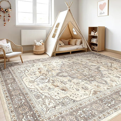 6x8 Area Rug Living Room: Washable Boho Large Neutral Vintage Soft Rugs Stain Resistant Farmhouse Non-Slip Indoor Floor Carpet for Bedroom Nursery Kids Playroom Office Dining Room- Beige Brown