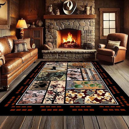Rustic Cabin Area Rug 6x8ft, Animal & Moroccan Plaid Pattern Vintage Boho Carpet, Stain-Resistant Pet-Friendly & Non-Slip Low Pile for Living Room, Bedroom, Dining Room