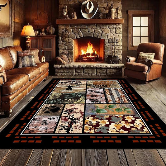 Rustic Cabin Area Rug 3x5ft, Animal & Moroccan Plaid Pattern Vintage Boho Carpet, Stain-Resistant Pet-Friendly & Non-Slip Low Pile for Living Room, Bedroom, Dining Room