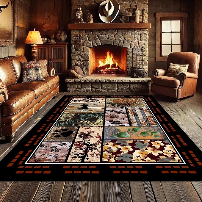 Rustic Cabin Area Rug 8x10ft, Animal & Moroccan Plaid Pattern Vintage Boho Carpet, Stain-Resistant Pet-Friendly & Non-Slip Low Pile for Living Room, Bedroom, Dining Room