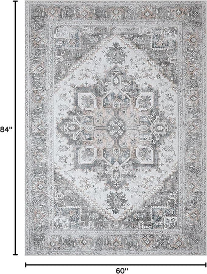 Bavni Area Rug 5x7 for Living Room Bedroom Dining Room, Boho Tribal Machine Washable Rug Print Vintage Aesthetic Gray Carpet, Floor Cover, Low Pile Lightweight Non Slip