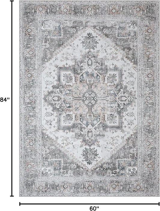 Bavni Area Rug 5x7 for Living Room Bedroom Dining Room, Boho Tribal Machine Washable Rug Print Vintage Aesthetic Gray Carpet, Floor Cover, Low Pile Lightweight Non Slip