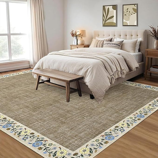 GarveeHome Washable Living Room Rug 9x12 Floral Bordered Area Rugs Soft Thin Indoor Carpet for Bedroom Modern Throw Aesthetic Mat Non Slip Stain Resistant Carpet for Dining Room Office, Dark Camel