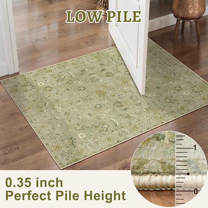 Tangsoo 5x7 Area Rug Washable Rugs for Living Room, Floral Vintage Indoor Non Slip Large Area Rugs, Print Distressed Green Carpet, Soft Low Pile Foldable Floor Rug for Bedroom Dining Room Dorm