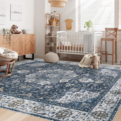 Area Rug 5x7 Washable Rug, Vintage Boho Medallion Rugs Non-Slip Soft Low Pile Large Distressed Rug Indoor Retro Carpet for Living Room Bedroom Dining Room Home Office (Vintage Blue, 5'x7')