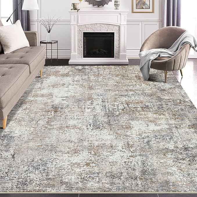 Area Rug Living Room Rugs - 9x12 Washable Large Soft Indoor Neutral Modern Abstract Low Pile Rug Carpet for Bedroom Dining Room Farmhouse Home Office - Brown/Grey/Black
