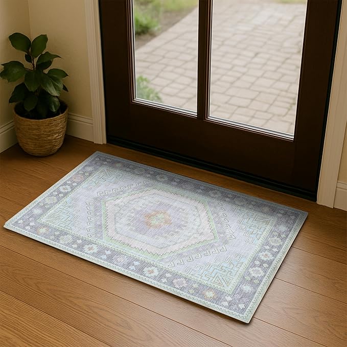 Fame Living Washable Area Rug. Modern Farmhouse. Vintage. Turkish. Bohemian. Distressed. Oriental. Traditional. Rugs for Living Room. Dining. Bedroom. Office. Entryway. Foyer. (856GrnCrm, 2' x 3')