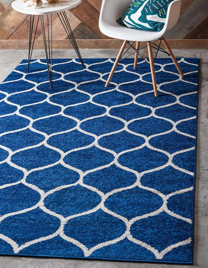 Rugs.com Lattice Frieze Collection Rug – 3' 3 x 5' 3 Navy Blue Medium Rug Perfect for Living Rooms, Large Dining Rooms, Open Floorplans