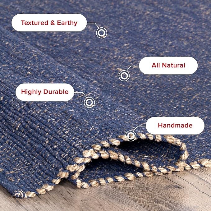 nuLOOM 2x3 Elfriede Jute & Cotton Hand Woven Area Rug, Blue, Solid Rustic Farmhouse Style, Weaved Design, Natural Fiber, For Bedroom, Living Room, Dining Room, Hallway, Office, Entryway