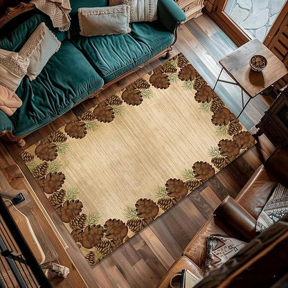 Rustic Lodge Brown Area Rug 3x5ft Pine Cone Leaf Botanical Print Home Decor Non Slip Washable Rug Pine Cones Area Rug Low Pile Thin Indoor Throw Carpet Rug for Laundry Dining Room Office