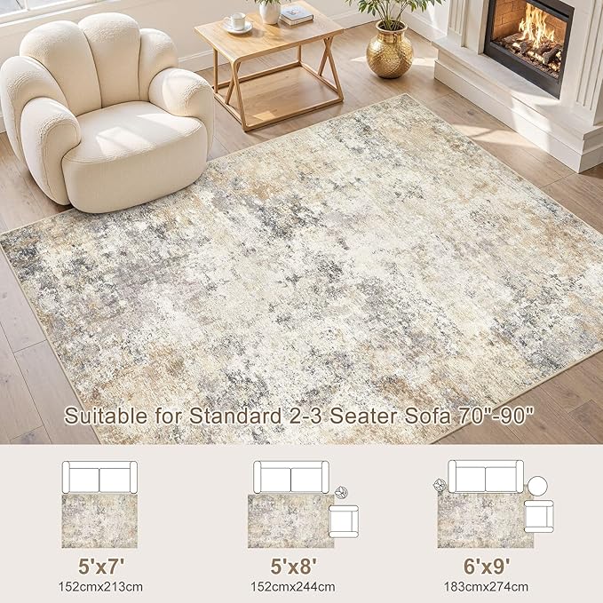 5x7 Area Rug Living Room Rugs - Washable Neutral Modern Abstract Soft Thin Large Rug Indoor Floor No Slip Rug Carpet for Bedroom Under Dining Table Home Office Decor - Golden Grey