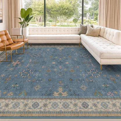 Blue Big Rugs for Living Room - Dusty Blue 10 x 14 Area Rug for Large Bedroom, Dining Room, Washable Lightweight Low Pile Foldable Eclectic Modern Floral Home Décor