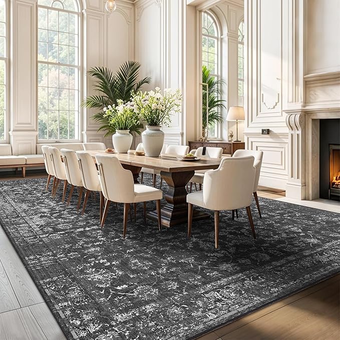 10x14 Washable Area Rugs for Living Room, Black Vintage Boho Large Rug for Bedroom Dining Room Office, Distressed Floral Floor Carpet Soft Non Slip Low Pile Farmhouse Indoor Mat