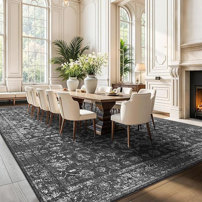 10x14 Washable Area Rugs for Living Room, Black Vintage Boho Large Rug for Bedroom Dining Room Office, Distressed Floral Floor Carpet Soft Non Slip Low Pile Farmhouse Indoor Mat