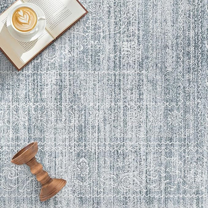 10x14 Area Rugs Living Room: Washable Large Vintage Blue Rug Neutral Non-Slip Soft Stain Resistant Indoor Carpet for Bedroom Nursery Dining Room Under Table Bed Home House Office Playroom