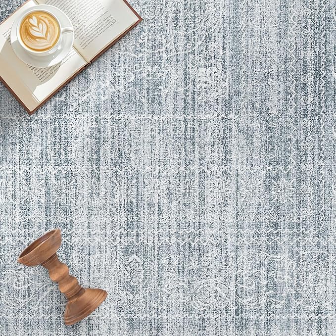 5x7 Area Rugs Living Room: Washable Large Vintage Blue Rug Neutral Non-Slip Soft Stain Resistant Indoor Carpet for Bedroom Nursery Dining Room Under Table Bed Home House Office Playroom