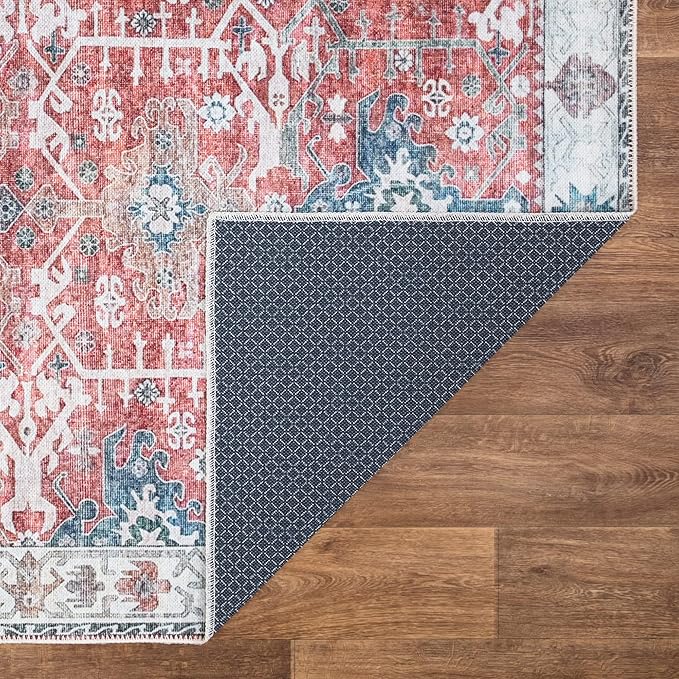 Bloom Rugs Washable Non-Slip 10 ft Runner - Red/Blue Traditional Runner for Entryway, Hallway, Bathroom, and Kitchen - Exact Size: 2.5' x 10'