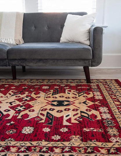 Unique Loom Taftan Collection Border Geometric Tribal Inspired Design Area Rug (8' 0 x 10' 0 Rectangular, Red/ Gold)