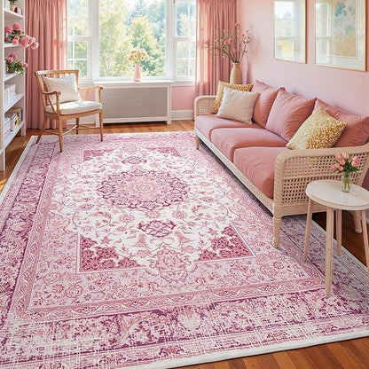 Bright Pink Area Rug for Living Room, 8x10 Machine Washable Rugs with Non-Slip Backing for Girls Bedroom, Large Vintage Carpet for Kitchen Laundry Kids Room