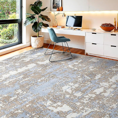 WITSHOCK Abstract 9x12 Rugsfor Living Room: Blue Brown Rugs for Bedroom Aesthetic, Dining Room Under Kitchen Table, Washable Soft Non Slip Large Area Eclectic Unique Décor