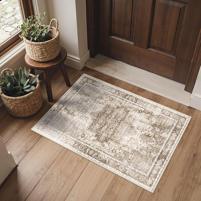Area Rug 2x3 Doormat, Machine Washable Low Pile Vintage Rugs, Small Lightweight Rug Entryway Indoor Mat for Entrance, Hallway, Kitchen and Corridor, Latte Beige