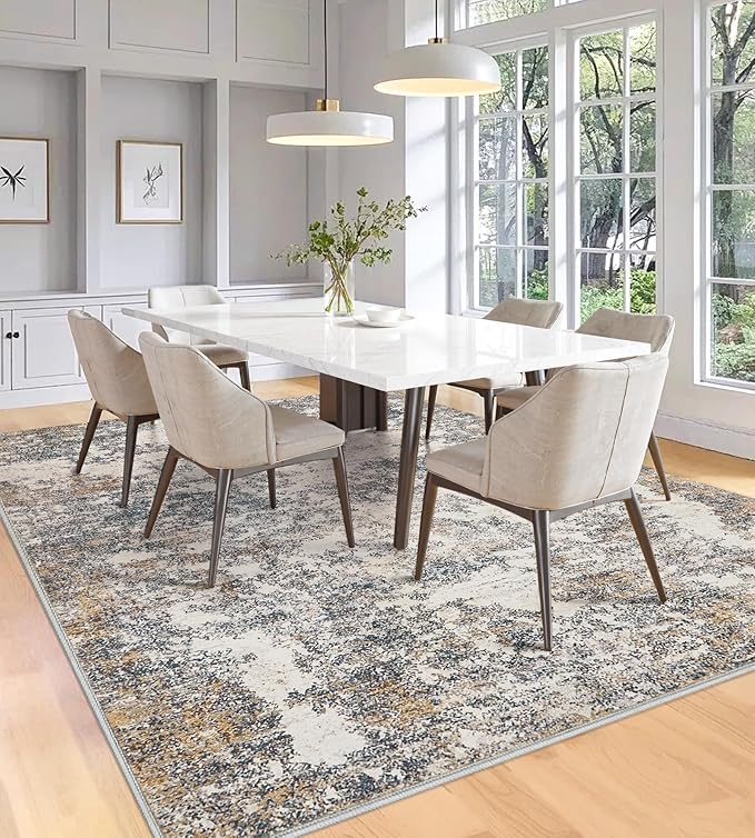 7x9 Washable Area Rugs - Modern Abstract Rugs for Living Room Non-Slip Low Pile Soft Machine Washable Carpet for Bedroom, Dining Room, Nursery, Home Office, Farmhouse (7'x9' Tan Blue)