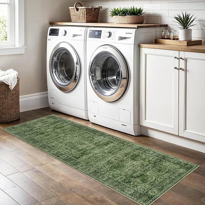 2x6 Green Vintage Washable Runner Rugs for Hallway Kitchen Boho Hallway Rug Low Pile Non-Slip Retro Distressed Accent Throw Rug for Entryway Bathroom Bedroom Green