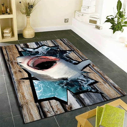 Sea Shark Kids Rugs, 3x5ft, Fierce Shark 3D Printed Carpet for Indoor, Marine Animals Broken Wooden Boards Realistic Effect Floor Mat, Dirty Resistant Machine Washable Carpets for Dorm
