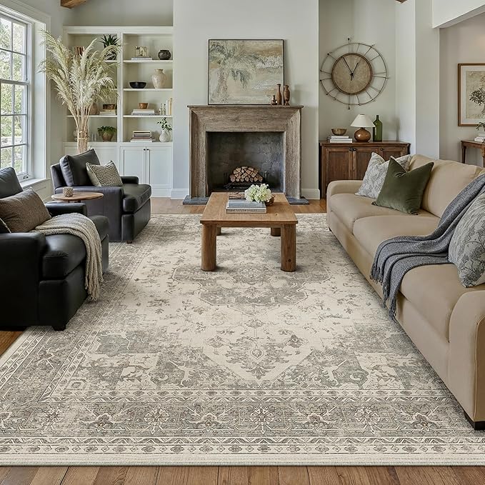 8x10 Washable Area Rug Beige Grey Vintage Distressed Large Rug for Living Room Oriental Soft Thin Indoor Retro Gray Carpet Non Slip Low Pile Floor Cover Bedroom Dining Room Office Nursery