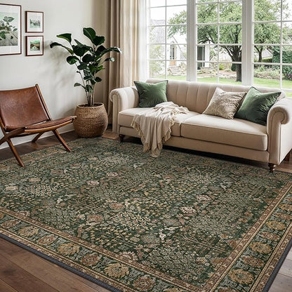 Bavni Area Rugs for Living Room, 5x7 Area Rugs Non-Slip Washable，Ultra-Thin Aesthetic Boho Rug for Bedroom Dinning Room Office, Dark Green/Multi